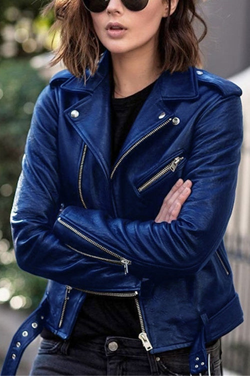 WW | Rosiedress Vintage Revers Reißverschluss Kunstleder Bikerjacke