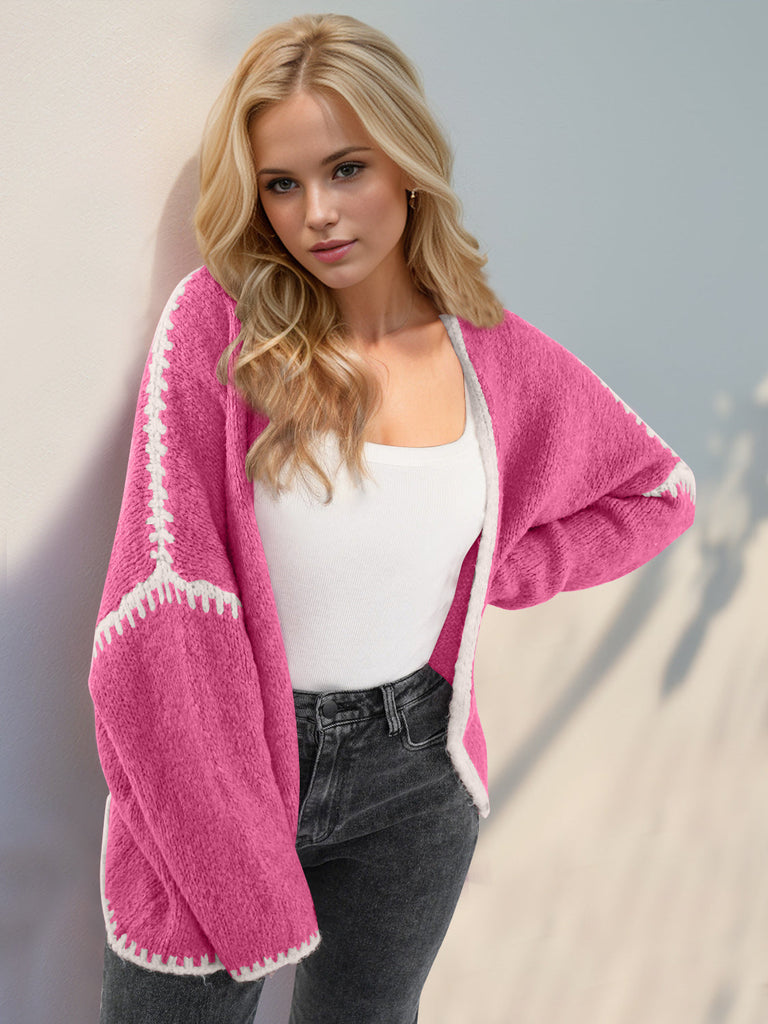 WW | Double Take Kontrast Offene Vorderseite Fallende Schulter Cardigan