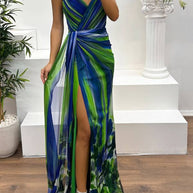 WW | In A Dreamland Chiffon Floral Print Off Shoulder Pleated Scarf Slit Maxi Kleid