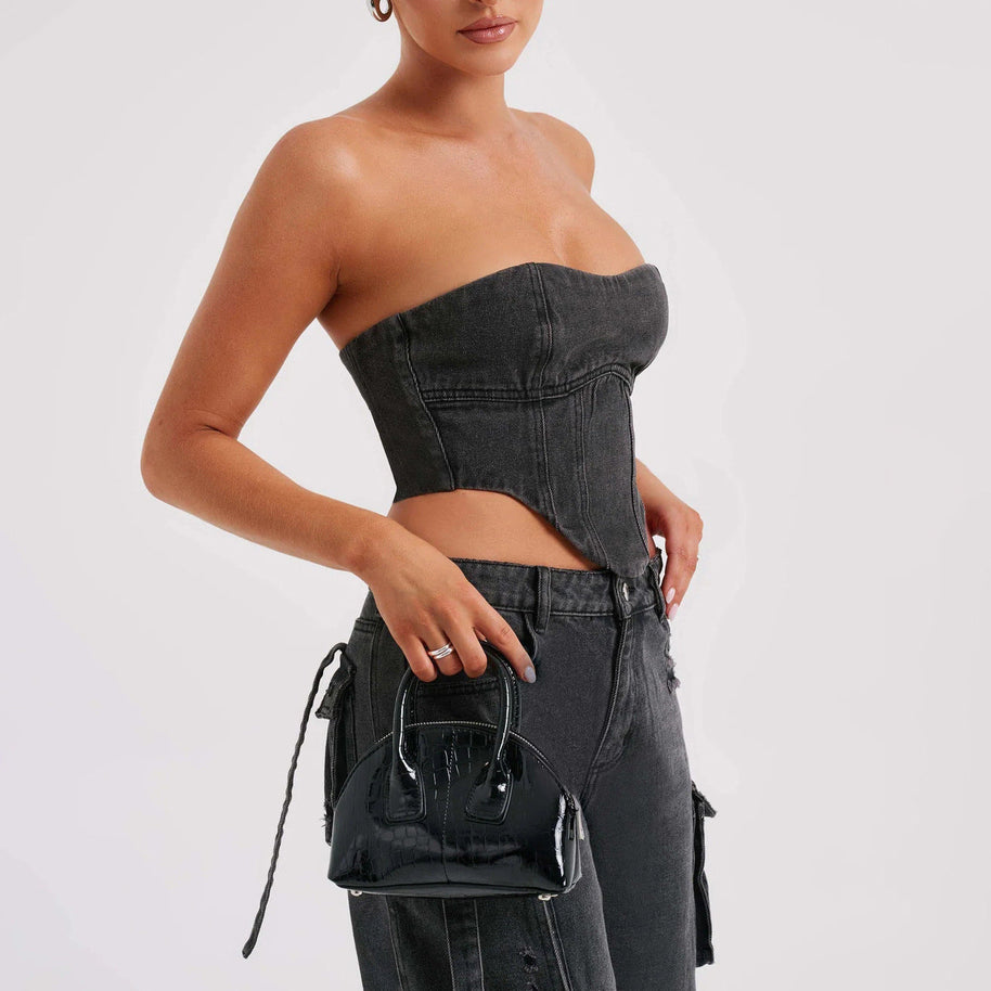 WW | Denim-Anzüge Sommer Sexy Rückenausschnitt Tube Top und Mehrfach-Taschen Gerade Hosen Mode Lange Hosen Anzug Damenbekleidung
