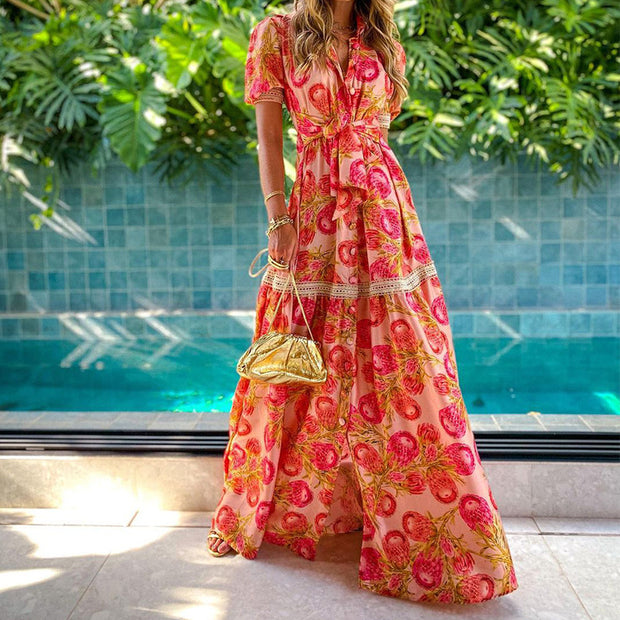 Damen Maxikleid mit floralen Applikationen und Taillengürtel WW