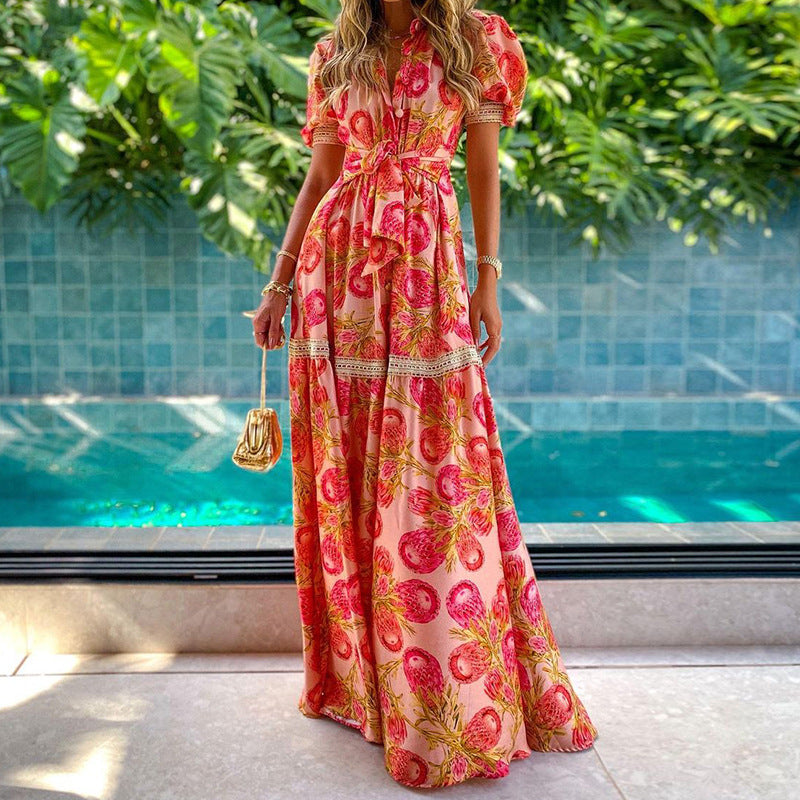 Damen Maxikleid mit floralen Applikationen und Taillengürtel WW