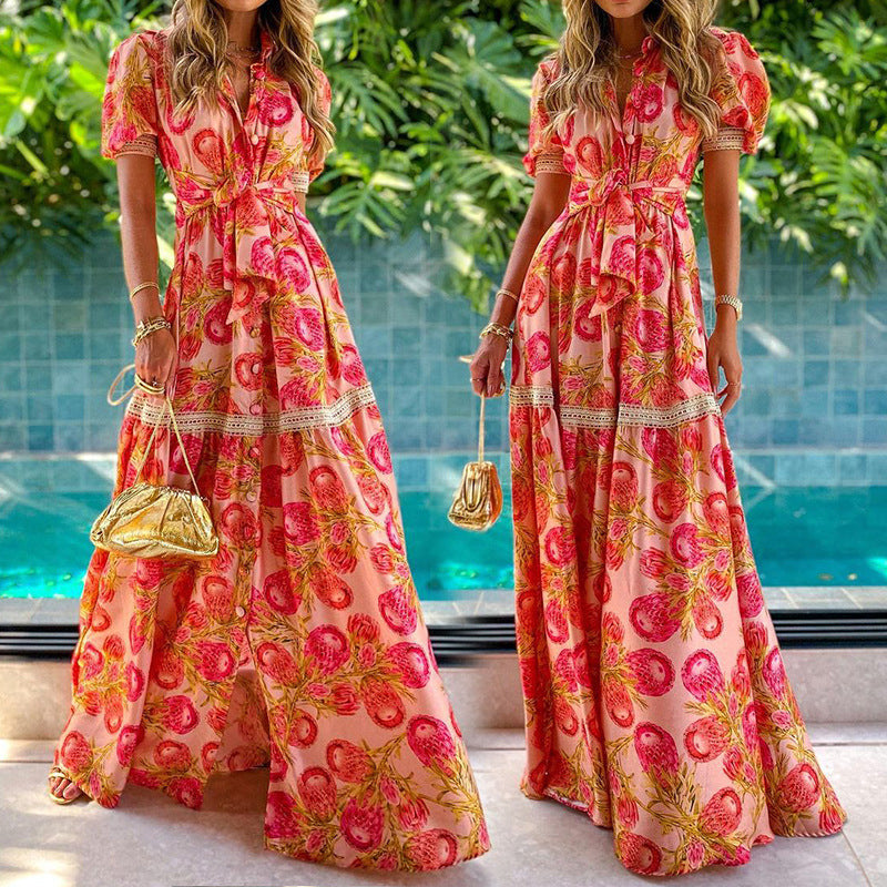 Damen Maxikleid mit floralen Applikationen und Taillengürtel WW