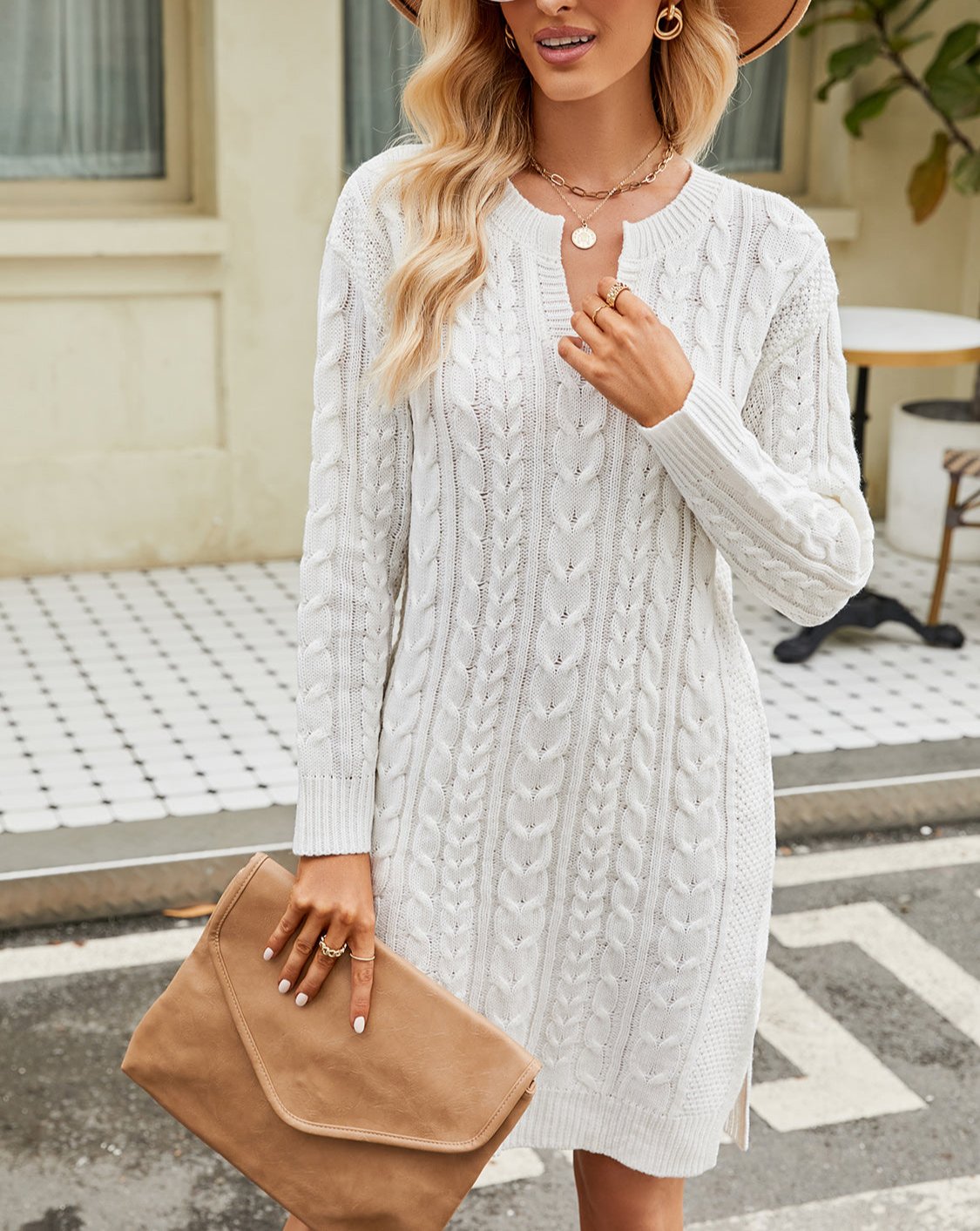 WW | Schicke Herbst-Kabel-Strickkleid mit Ausschnitt für Frauen