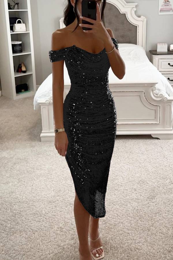 WW | Schalkragen-Pailletten-Midi-Kleid