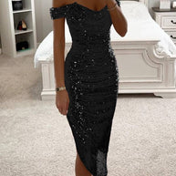 WW | Schalkragen-Pailletten-Midi-Kleid