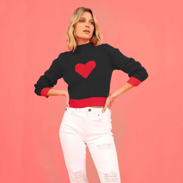W&W Mode | Gerippter Strickpullover mit Herz-Intarsien