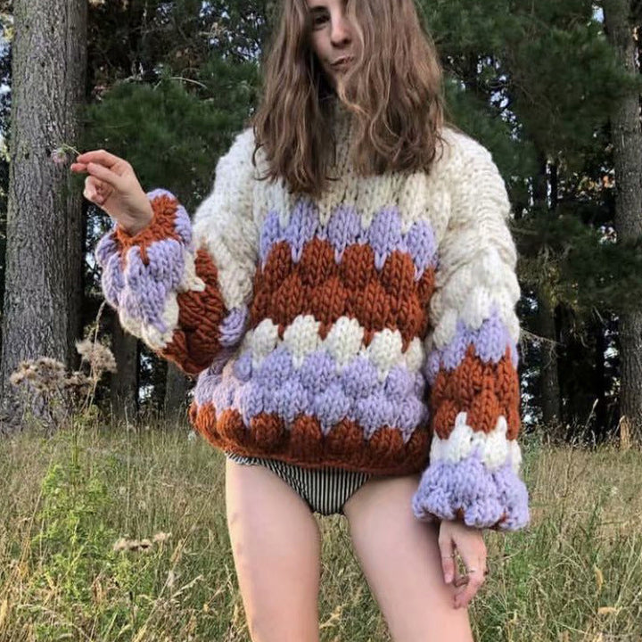 Damen modischer Grobstrickpullover mit farbenfrohem Wellenmuster und großzügigen Ärmeln W&W Mode