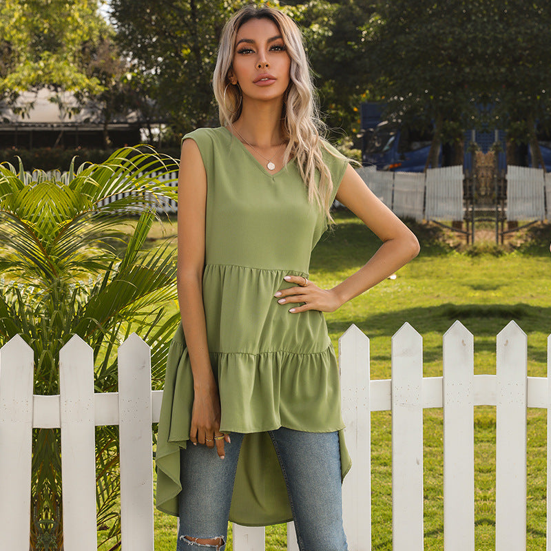 Damen ärmelloses Tunika-Kleid mit asymmetrischem Saum und schickem Volant WW