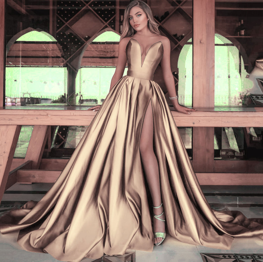 Damen A-Linien Maxikleid mit tiefem V-Ausschnitt und elegantem Schlitz WW