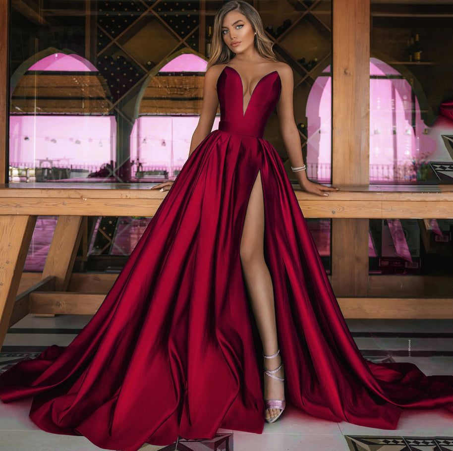 Damen A-Linien Maxikleid mit tiefem V-Ausschnitt und elegantem Schlitz WW