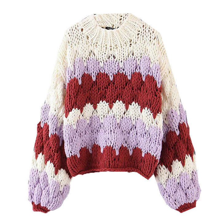 Damen modischer Grobstrickpullover mit farbenfrohem Wellenmuster und großzügigen Ärmeln W&W Mode