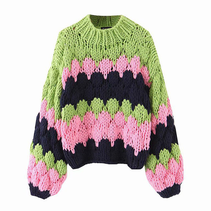 Damen modischer Grobstrickpullover mit farbenfrohem Wellenmuster und großzügigen Ärmeln W&W Mode