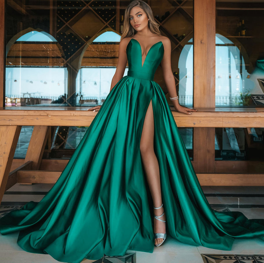 Damen A-Linien Maxikleid mit tiefem V-Ausschnitt und elegantem Schlitz WW