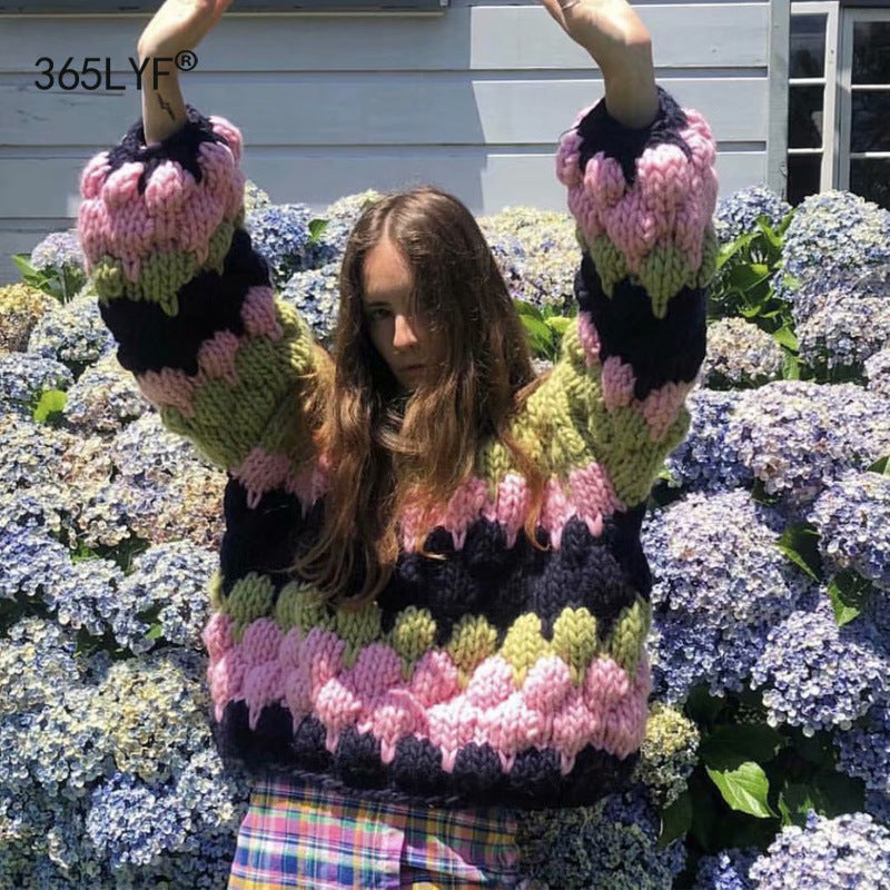 Damen modischer Grobstrickpullover mit farbenfrohem Wellenmuster und großzügigen Ärmeln W&W Mode
