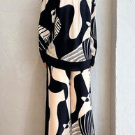 WW | Rosiedress Grafik Druck Langarm Bluse Shirt Weite Beinform Hose 2 Teile Set