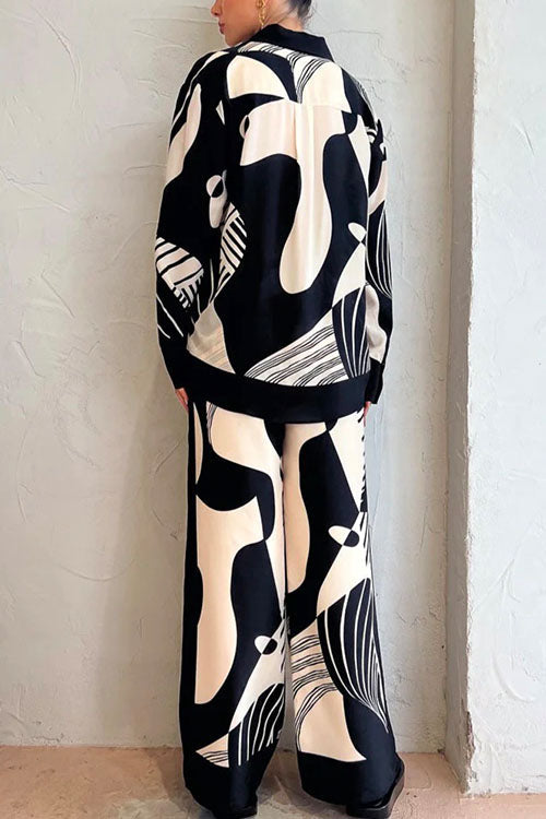 WW | Rosiedress Grafik Druck Langarm Bluse Shirt Weite Beinform Hose 2 Teile Set