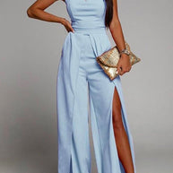 WW | Hohe Taille Schlitz Fließender Breiter Bein Cami Jumpsuit