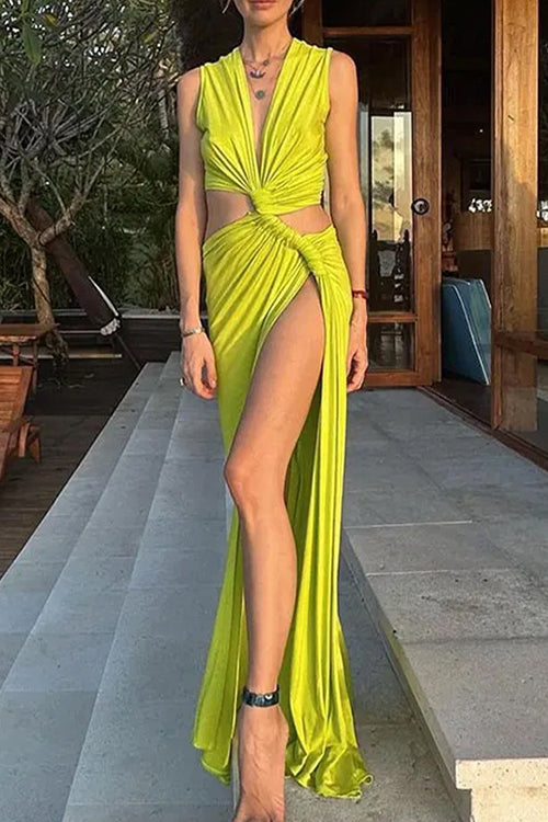 WW | Rosiedress V-Ausschnitt Knoten Vorderseite Cut-Out Hoher Schlitz Ärmelloses Maxi-Kleid