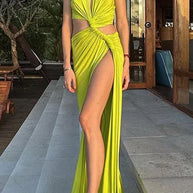 WW | Rosiedress V-Ausschnitt Knoten Vorderseite Cut-Out Hoher Schlitz Ärmelloses Maxi-Kleid