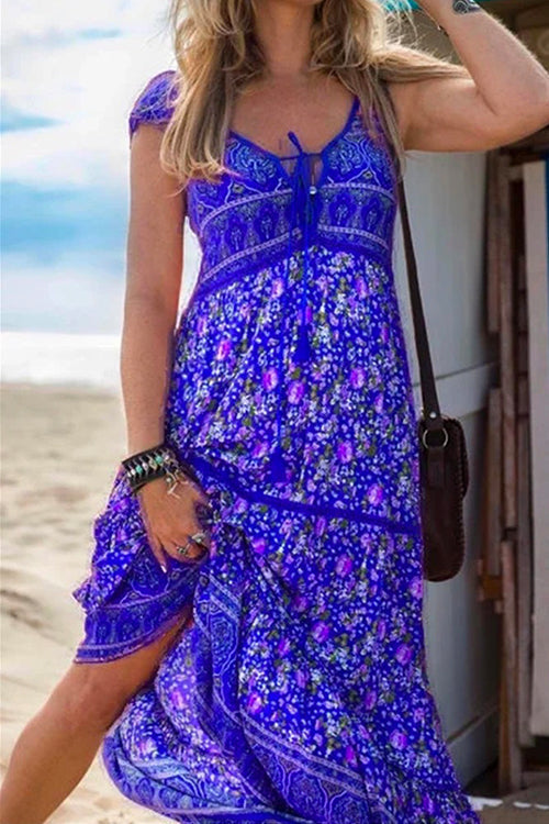 WW | Quasten V-Ausschnitt Bohemian Gedrucktes Maxi Strandkleid