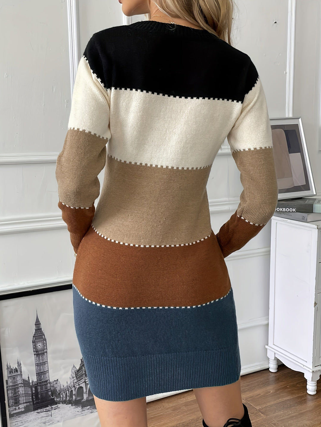 W&W Mode | Schicke Herbst Farbblock Langarmkleid für Frauen