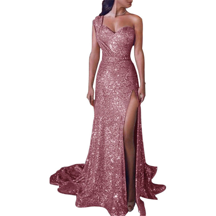 WW | Einseitiges Ärmelloses Glänzendes Split Kleid