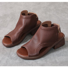 WW | Echtes Leder Retro Künstlerische Damen Sandalen Mittelhoch Weiche Sohle