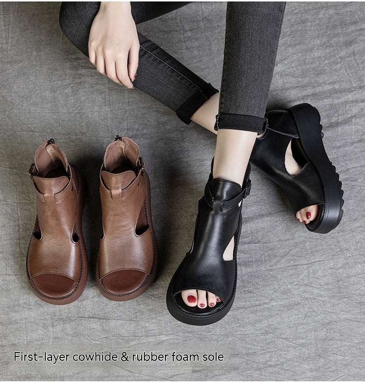 WW | Sommer Neu Retro Erste Schicht Rindsleder Rücken Peep Toe Sandalen für Frauen