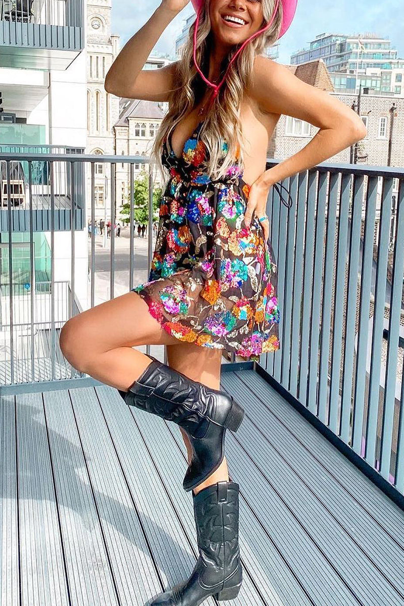 WW | Regenbogen Pailletten Offene Rücken Slip Mini Kleid