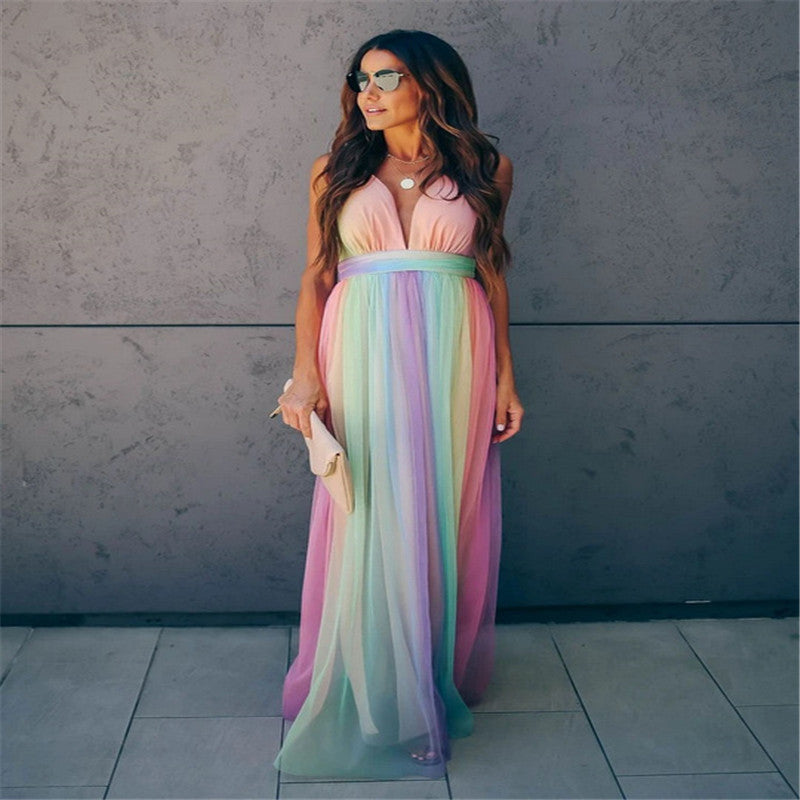 W&W Mode | Regenbogen Netzkleid Für Damen Mit Trägern
