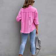 WW | Denim Bluse - Damen Jeansjacke mit fransigen Details und Knopfverschluss