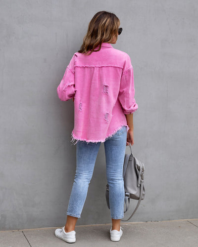 WW | Denim Bluse - Damen Jeansjacke mit fransigen Details und Knopfverschluss