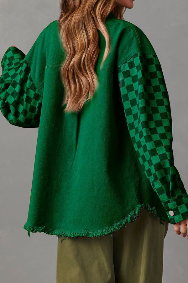 WW | Modische Lässige Lockere Kariert Kontrastierende Rohkante Jeansjacke