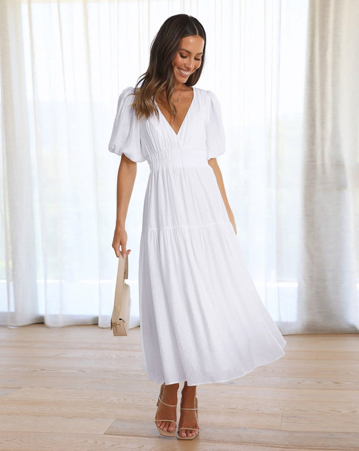 W&W Mode | Elegantes Kleid Mit V-Ausschnitt Und Puffärmeln