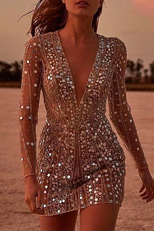 WW | Rosiedress Tiefer V-Ausschnitt Netzärmel Mini Pailletten Clubkleid