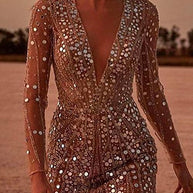 WW | Rosiedress Tiefer V-Ausschnitt Netzärmel Mini Pailletten Clubkleid