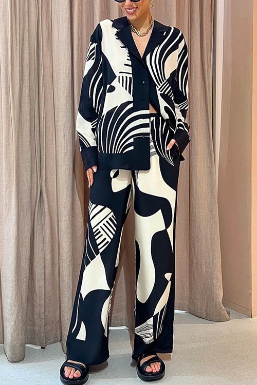 WW | Rosiedress Grafik Druck Langarm Bluse Shirt Weite Beinform Hose 2 Teile Set