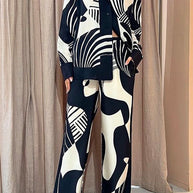 WW | Rosiedress Grafik Druck Langarm Bluse Shirt Weite Beinform Hose 2 Teile Set