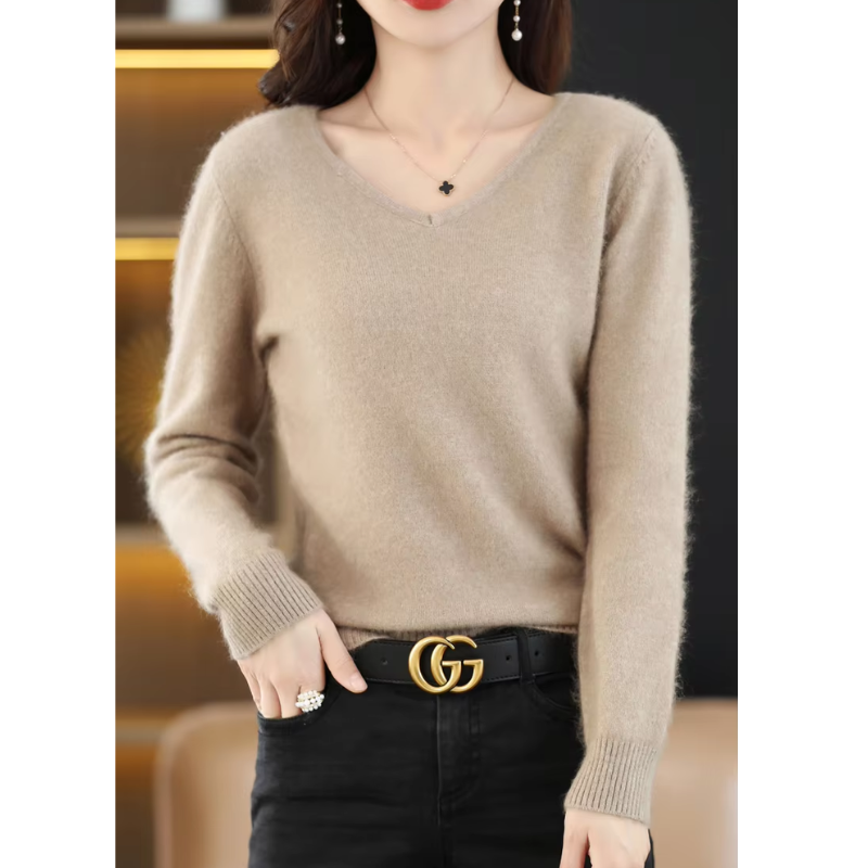 W&W Mode | Cashmere Pullover Damen V-ausschnitt Leichter und Weicher Strickpullover