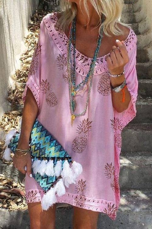 WW | Rosiedress V-Ausschnitt Ausgehöhlte Ananasdruck Batwing Strandkleid