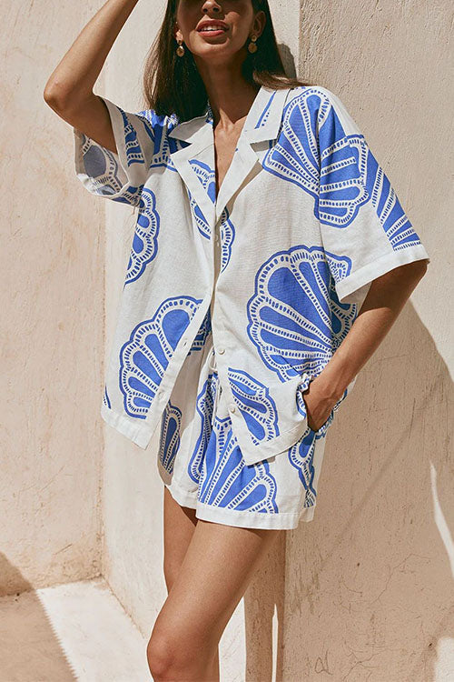 W&W Mode | Rosiedress V-Ausschnitt Kurzarmshirt und Shorts mit Kordelzug Taillierung Muscheldruck Set