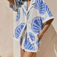 WW | Rosiedress V-Ausschnitt Kurzarmshirt und Shorts mit Kordelzug Taillierung Muscheldruck Set