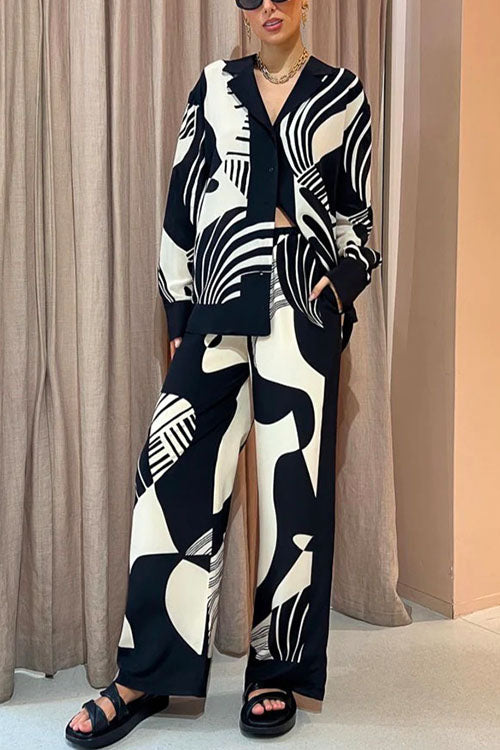 WW | Rosiedress Grafik Druck Langarm Bluse Shirt Weite Beinform Hose 2 Teile Set