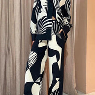 WW | Rosiedress Grafik Druck Langarm Bluse Shirt Weite Beinform Hose 2 Teile Set
