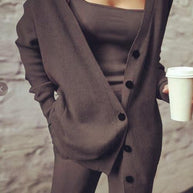 WW | Rosiedress Breite Träger Tanktop Knopfleisten Cardigan und Lange Hose 3 Teile Loungeanzug Set