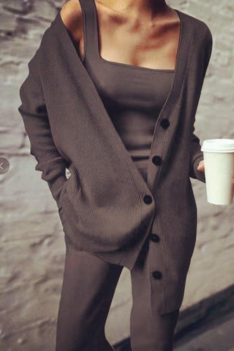 WW | Rosiedress Breite Träger Tanktop Knopfleisten Cardigan und Lange Hose 3 Teile Loungeanzug Set