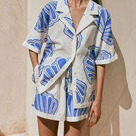 WW | Rosiedress V-Ausschnitt Kurzarmshirt und Shorts mit Kordelzug Taillierung Muscheldruck Set
