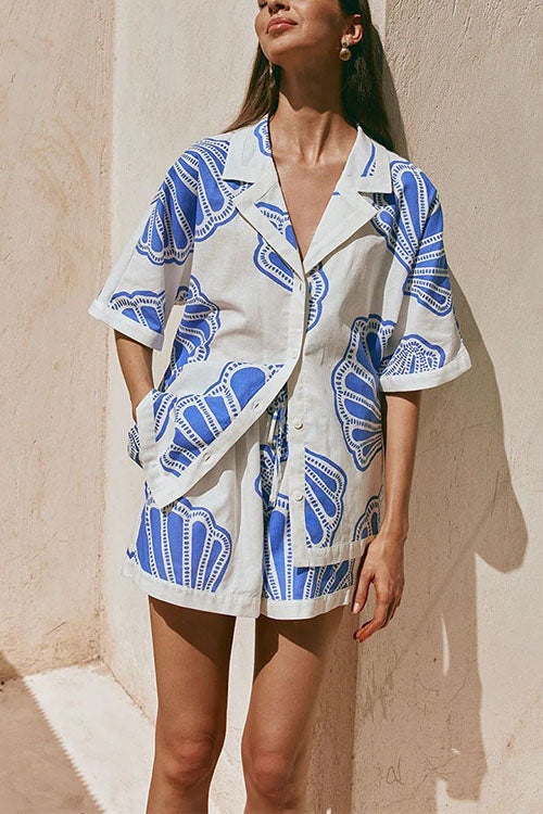 WW | Rosiedress V-Ausschnitt Kurzarmshirt und Shorts mit Kordelzug Taillierung Muscheldruck Set