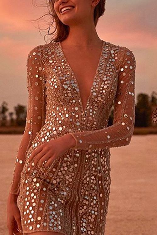 WW | Rosiedress Tiefer V-Ausschnitt Netzärmel Mini Pailletten Clubkleid